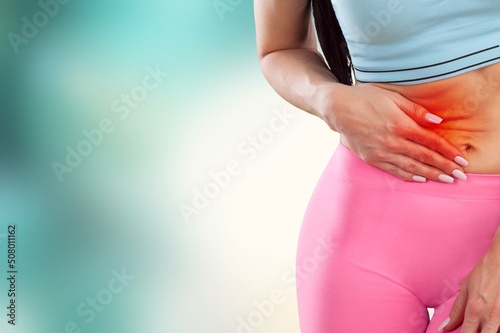 Woman with big belly have stomach pain risk  Hyperlipidemia concept of the dangers of obesity. photo