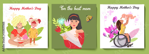 Set of three square cards with Happy Mother's Day, a mother with two children, a woman with flowers and a pregnant woman in a wheelchair throwing a baby up, vector illustration. © Natalia