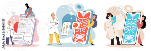 Online medical consultation and support metaphor. Online doctor. Healthcare services, Ask doctor. Tele medicine e-health service. Therapist videocalling phone screen. Diagnosis treatment of patients