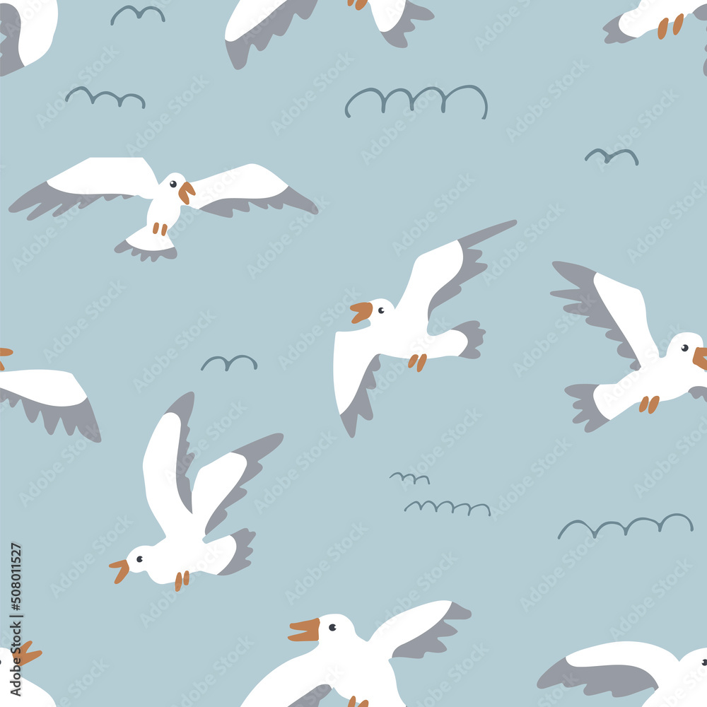 Obraz premium Seagull bird simple vector seamless pattern