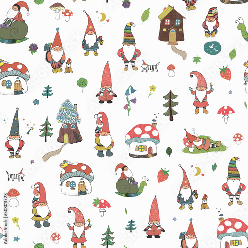 gnomes with houses and forest mushrooms vector seamless pattern