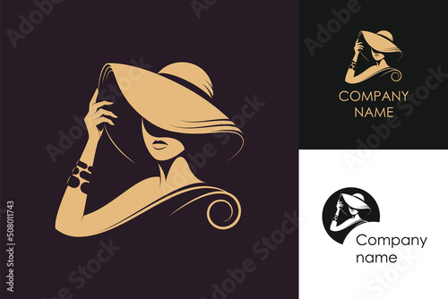 Beautiful woman in elegant hat vector illustration. Silhouette logo design.