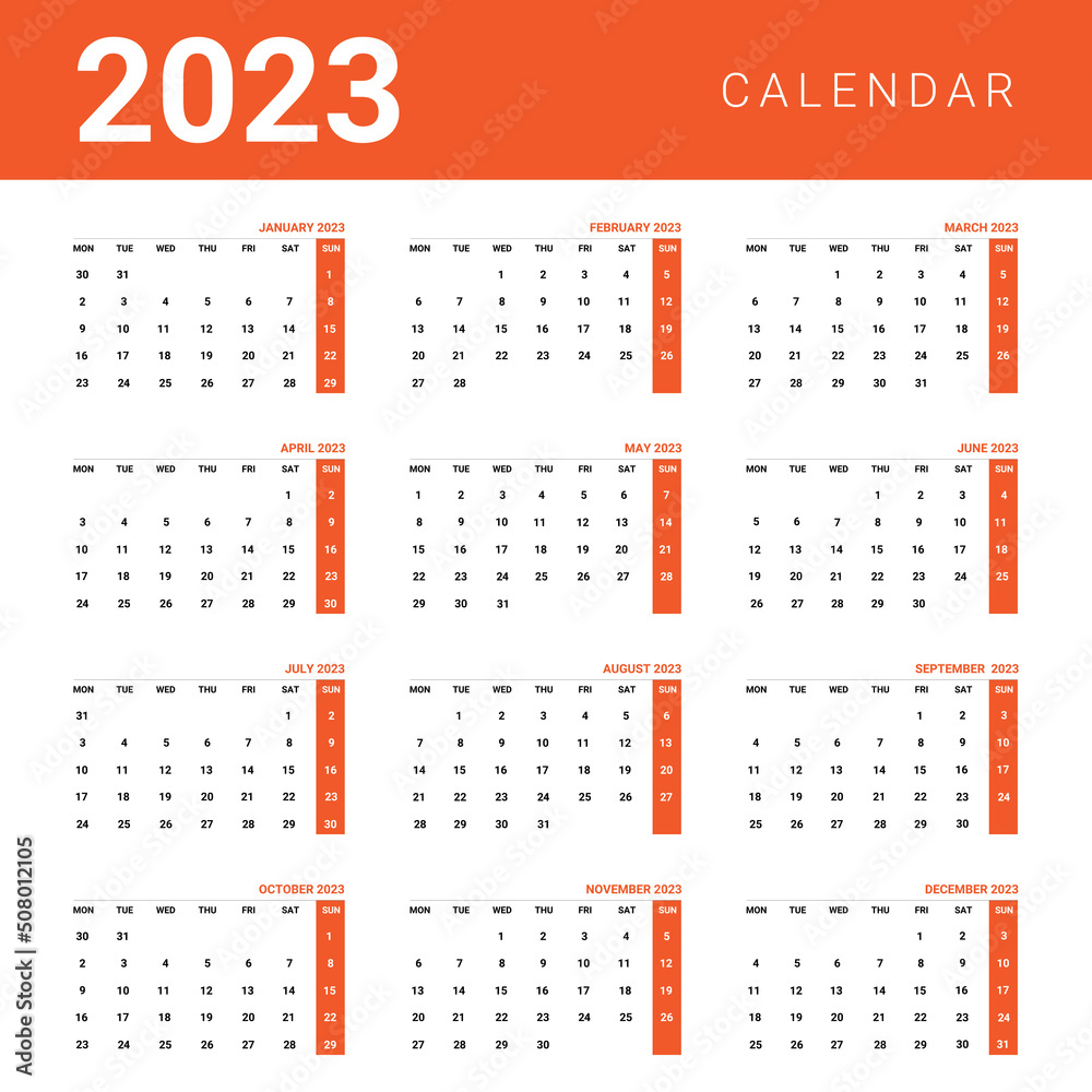 2023 year calendar template week start monday planner diary in a