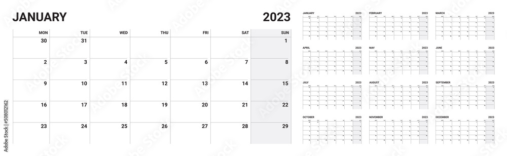 2023 year Calendar template. week start Monday. Planner diary in a minimalism style. Corporate and business calendar. Organizer. Monthly calendar. Daily planner.