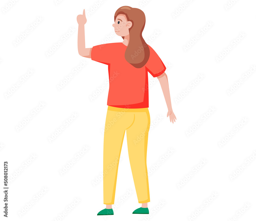Young woman standing and points to something with her hand. Female character gesturing back view. Girl with her hand up pays attention isolated on white. Person showing to somebody with empty space