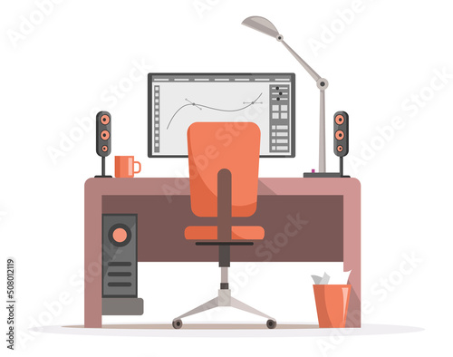 Furniture and equipment at workplace of graphic designer. Computer program for processing file using editor. Work in graphic design, art creation concept. Workspace of multimedia creator, developer