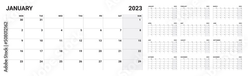 2023 year Calendar template. week start Monday. Planner diary in a minimalism style. Corporate and business calendar. Organizer. Monthly calendar. Daily planner.