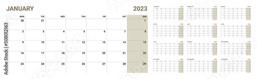 2023 year Calendar template. week start Monday. Planner diary in a minimalism style. Corporate and business calendar. Organizer. Monthly calendar. Daily planner.