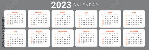 2023 year Calendar template. week start Sunday. Planner diary in a minimalism style. Corporate and business calendar. Organizer. Monthly calendar. Daily planner.