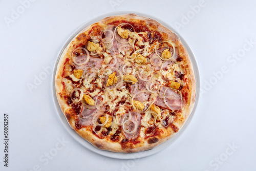 tasty italian pizza on wooden background