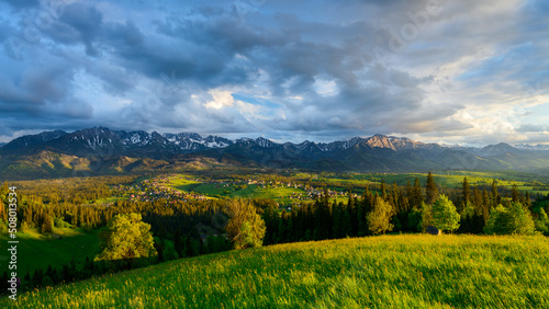 Spring view of the Tatra Mountains from Gliczarów Górny.
