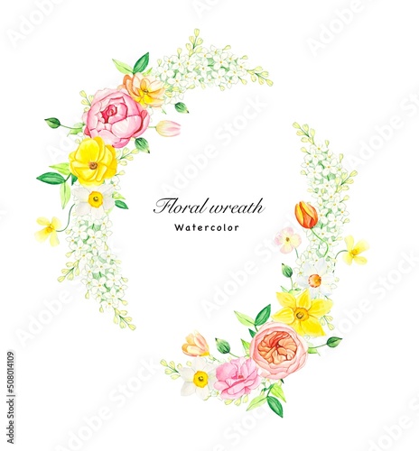 Floral wreath with white lilac , summer flowers, watercolor illustration