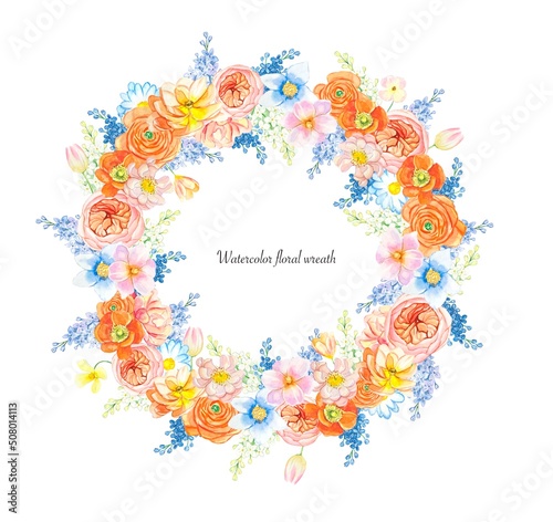 Floral wreath of  summer flowers  watercolor illustration