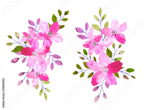 Floral arrangements of bright pink flowers and leaves. watercolor illustration