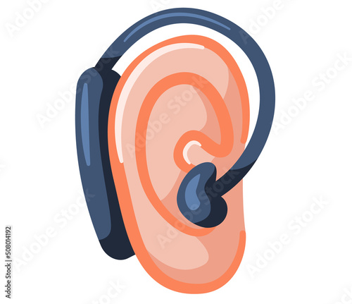 Wireless headset in human ear, communication or listen music, hearing aid, medical device for deaf. Mobile gadget for hand-free technology. Conversation with support service, wireless earphone