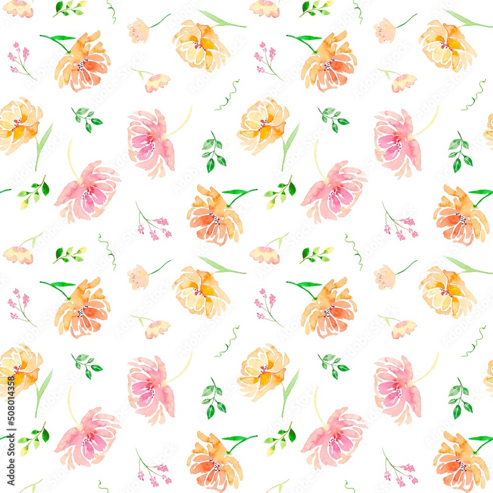 Floral seamless  pattern with hand drawn watercolor flowers and leaves.