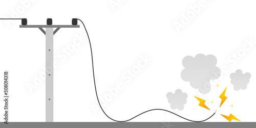 Broken electric wire of high voltage pole is damaged and short circuit spark cause danger electrocution risk on white background flat vector design.