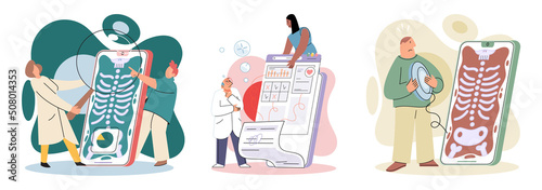 Online medical consultation and support metaphor. Online doctor. Healthcare services, Ask doctor. Tele medicine e-health service. Therapist videocalling phone screen. Diagnosis treatment of patients