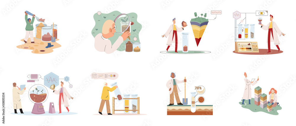 Soil analysis and earth pollution metaphor or structure control. Nutrients microorganism composition research ground layer structure sample. Soil laboratory test. Scientist measuring levels status