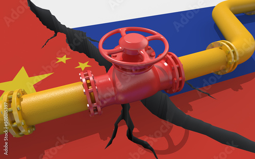 Photography Gas or oil pipeline with valve on background of the flags of Russia and China