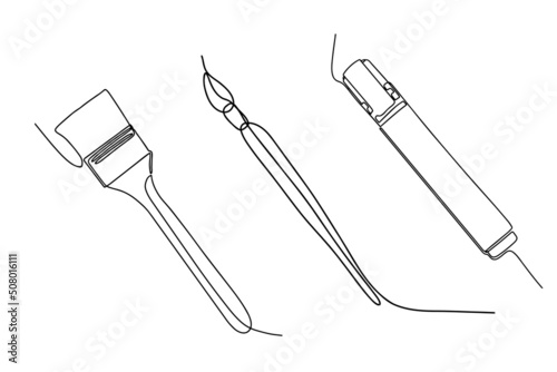 Marker and brush icon on white background. Vector illustration. Drawing a continuous line. Line style