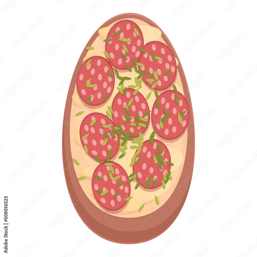 Sausage bruschetta icon cartoon vector. Bread recipe. Dinner pesto Sausage bruschetta icon cartoon vector. Bread recipe. Dinner pesto