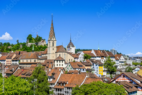 Stadt Baden, katholische Kirche, Stadtturm, Altstadt, Schlossberg, Ruine, Altstadthäuser, Aargau, Sommer, Schweiz