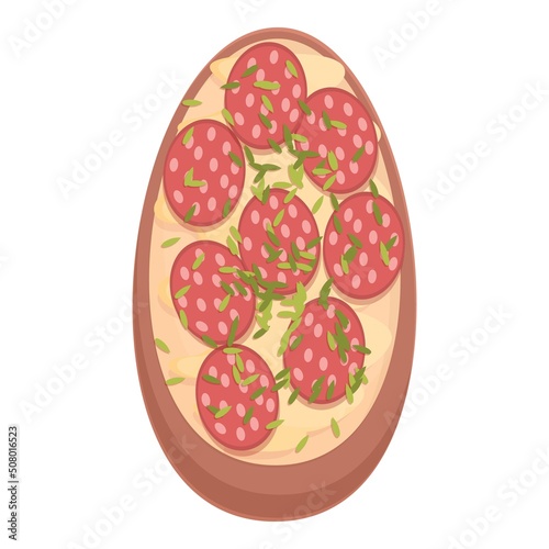 Sausage bruschetta icon cartoon vector. Bread recipe. Dinner pesto