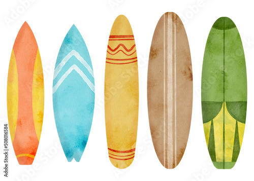 Watercolor surfboards set. Hand drawn colorful surf board illustration isolated on white background. Sea wave extreme sport. Summer beach fun, retro holiday vacation design for cards, logo, print.