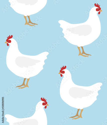 Vector seamless pattern of hand drawn flat chicken hen isolated on blue background