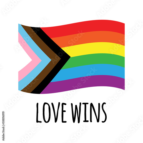 Vector flat lgbt rainbow flag with love wins lettering isolated on white background