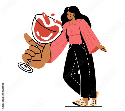 People with food. Girl holding glass of wine or champagne. Alcoholic drinks and character at party or celebration. Unhealthy diet, wrong diet and bad habits. Cartoon flat vector illustration