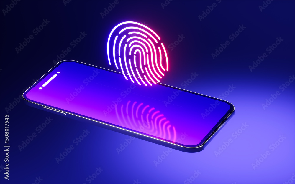 Mobile phone with fingerprint on the blue background, 3d rendering.