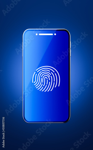 Mobile phone with fingerprint on the blue background, 3d rendering.