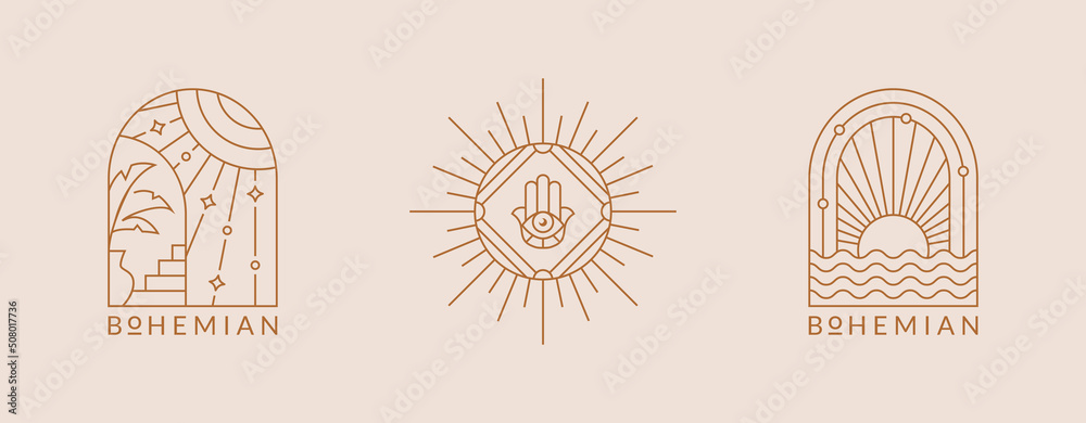 Boho logos. Vector isolated emblems with sun. Elegant line design for esoteric, spiritual therapy practices, travel agencies, outdoor resort, spa hotels, glamping, etc. Trendy bohemian aesthetic. - obrazy, fototapety, plakaty 