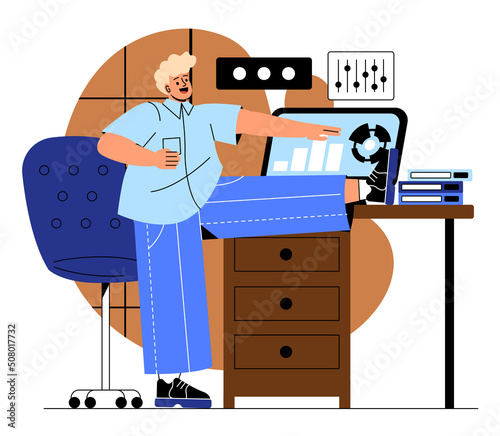 Practicing workout at workplace. Young guy performs yoga exercises and analyzes graphs on screen. Modern technologies and digital world, comfortable workplace. Cartoon flat vector illustration
