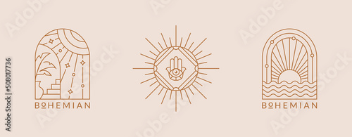 Boho logos. Vector isolated emblems with sun. Elegant line design for esoteric, spiritual therapy practices, travel agencies, outdoor resort, spa hotels, glamping, etc. Trendy bohemian aesthetic.