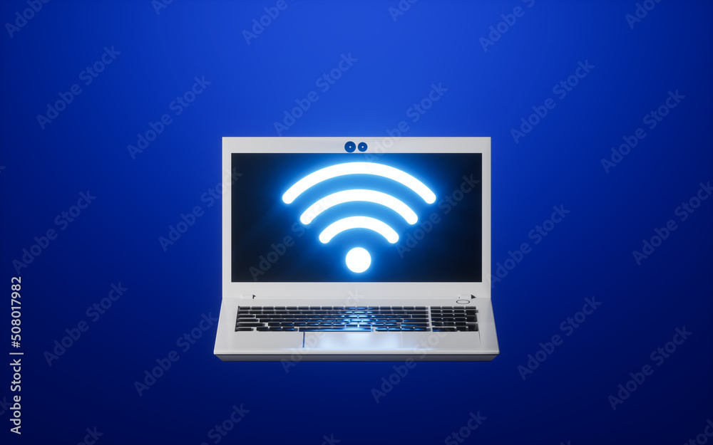 A laptop and wifi icon with blue background, 3d rendering. A laptop and wifi icon with blue background, 3d rendering.