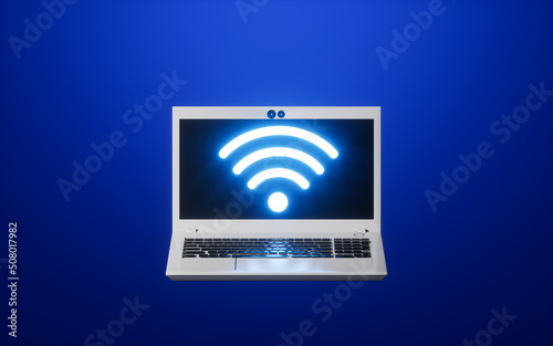 A laptop and wifi icon with blue background, 3d rendering.