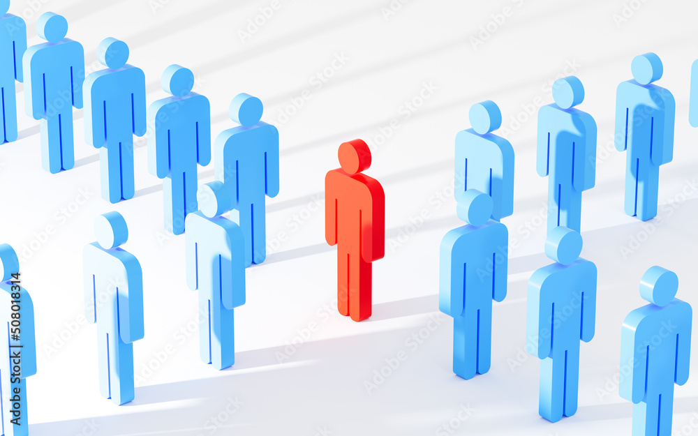 Red human figurine lead employees to walk forward, leader and leadership, teamwork cooperation, 3d rendering. Red human figurine lead employees to walk forward, leader and leadership, teamwork cooperation, 3d rendering.