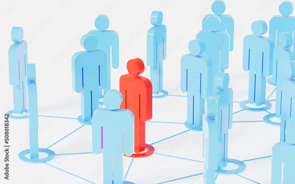 Red human figurines lead and connect employees, leader and employees, human resources and management concept, 3d rendering. Red human figurines lead and connect employees, leader and employees, human resources and management concept, 3d rendering.