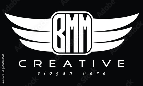 BMM three Letter Wings Flying Initial wing symbol minimalist creative flag logo design, Vector template