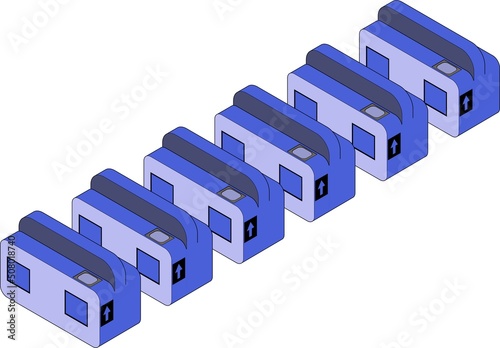 主線のある青色の自動改札機のアイソメトリックイラスト.
