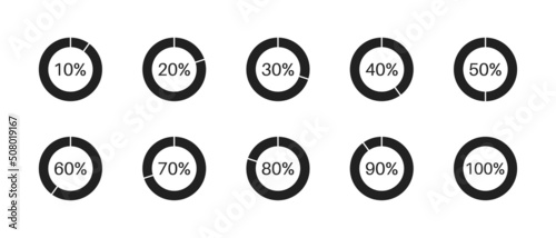 Circle loading icon set with percentage from 10 to 100. Vector EPS 10