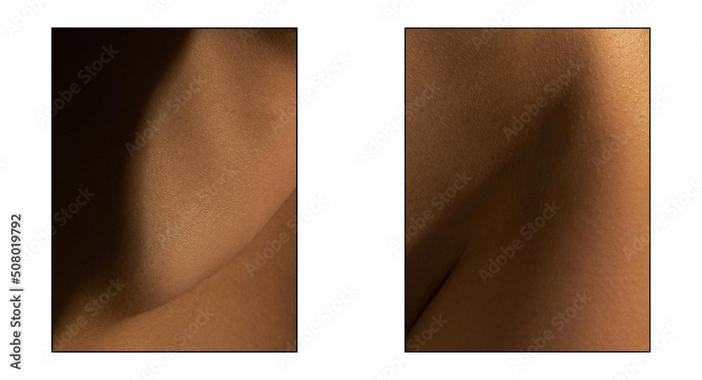 Set with closeup images of part of woman's body. Detailed texture of ...