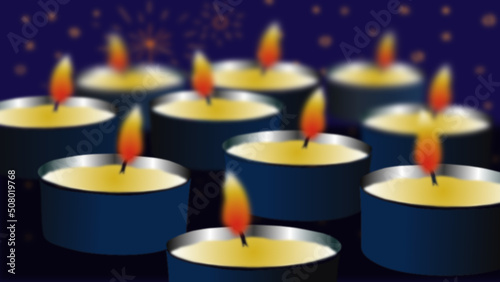 

10 blue candles are lit a black table, under a starry blue night, realistic illustration, vector
