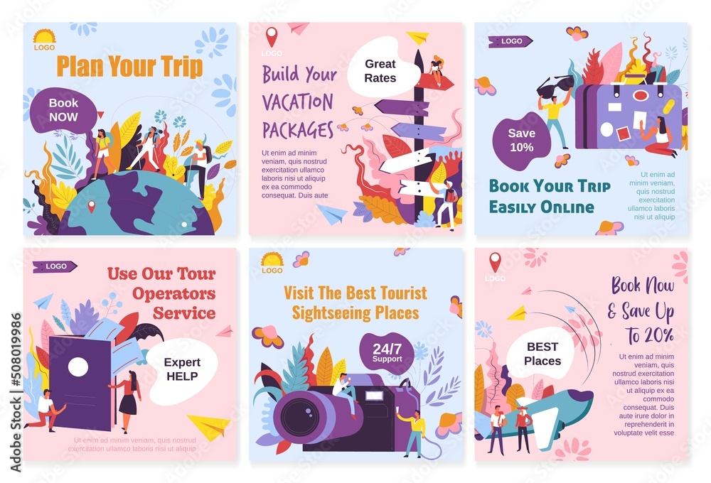 Vacation package, tour offer at social media set Vacation package, tour offer at social media set