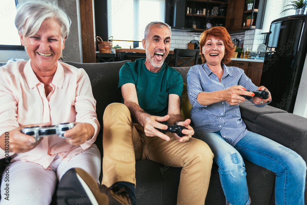 Obraz premium Group of middle age friends smiling happy playing video game at home.