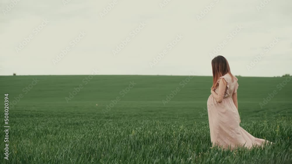 Young pregnant woman with flowing hair in a pink summer dress walks on a green field. The woman stops, gently strokes her stomach ,straightens her hair, and looks at the camera with a smile. Young pregnant woman with flowing hair in a pink summer dress walks on a green field. The woman stops, gently strokes her stomach ,straightens her hair, and looks at the camera with a smile.