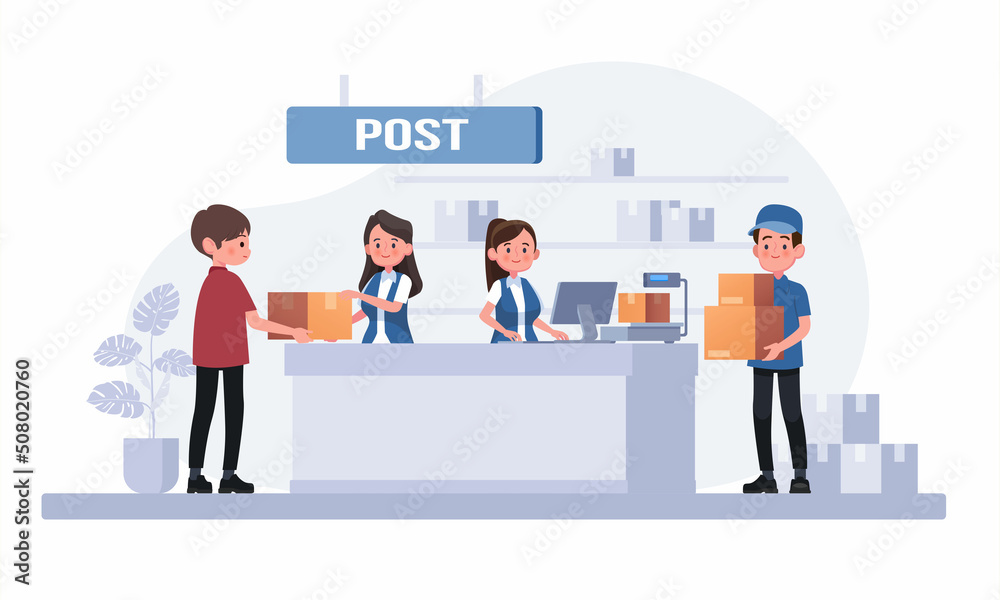 Postman giving parcel to customer in post office. Postman giving parcel to customer in post office.